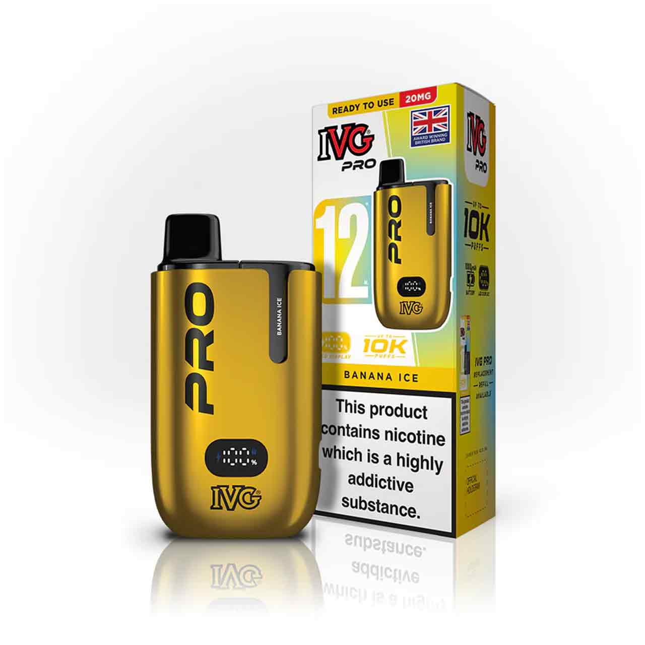 IVG Pro 12 banana ice vaping device and packaging on a white background
