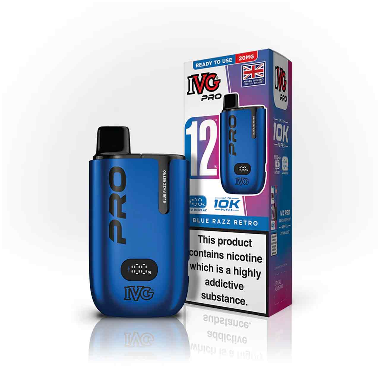 IVG Pro 12 blue razz retro vaping device and packaging on a white background