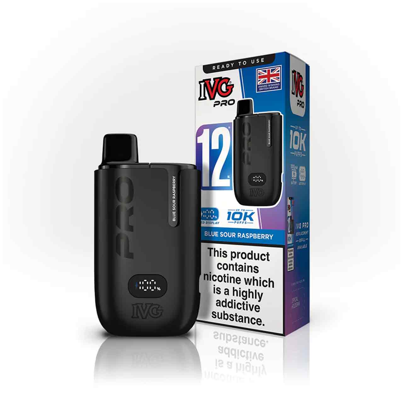 IVG Pro 12 blue sour raspberry vaping device and packaging on a white background