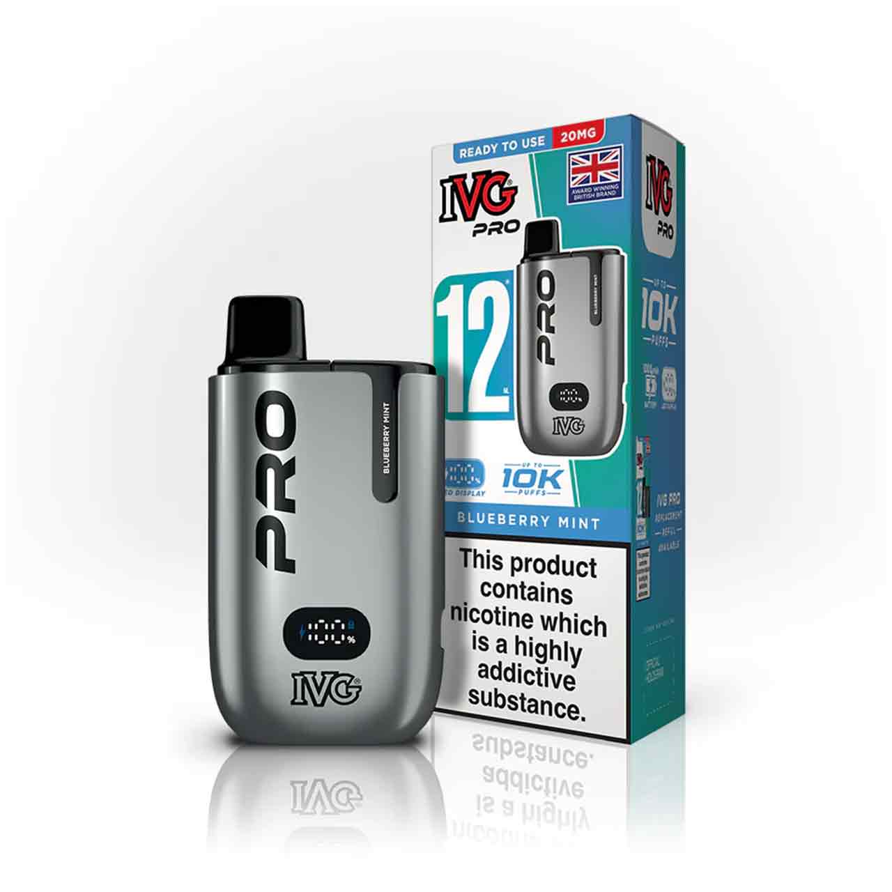 IVG Pro 12 blueberry mint vaping device and packaging on a white background