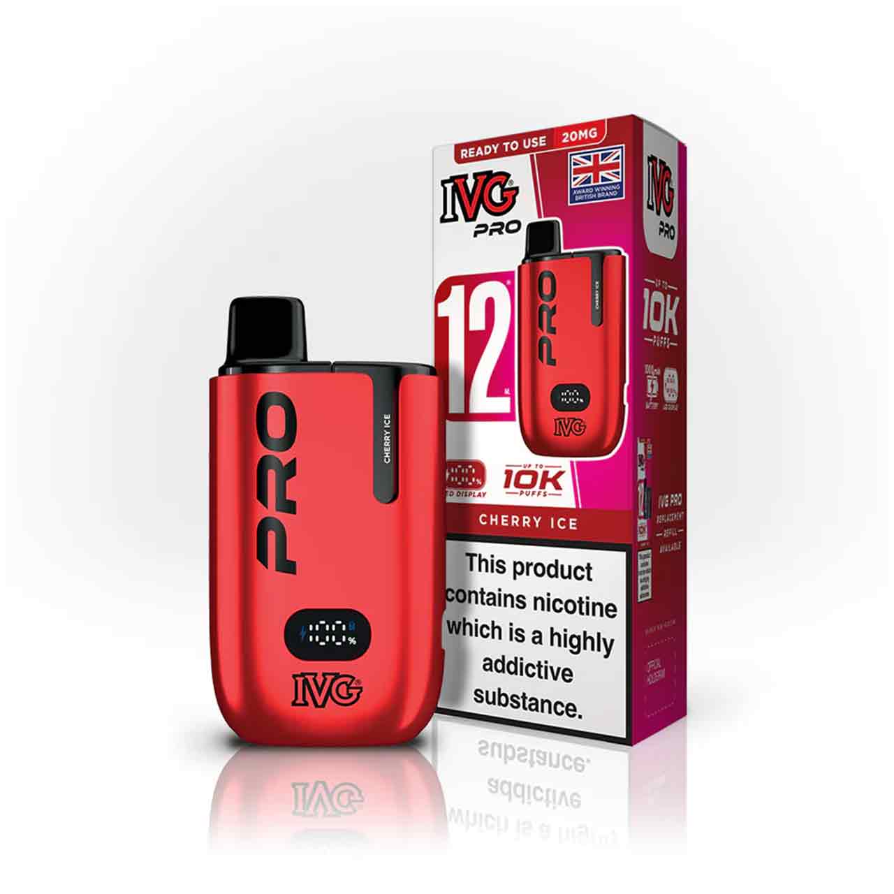 IVG Pro 12 cherry ice vaping device and packaging on a white background