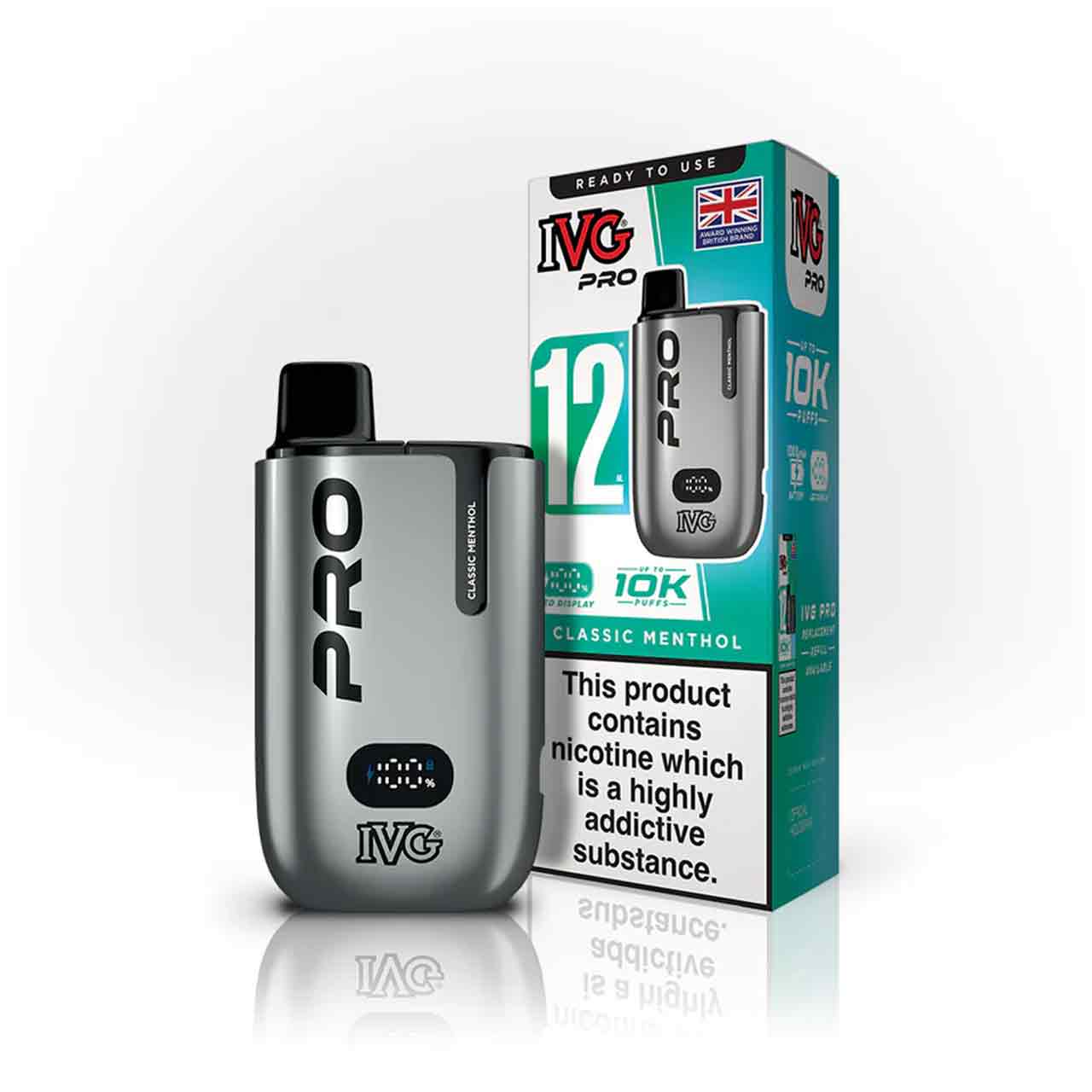 IVG Pro 12 classic menthol vaping device and packaging on a white background