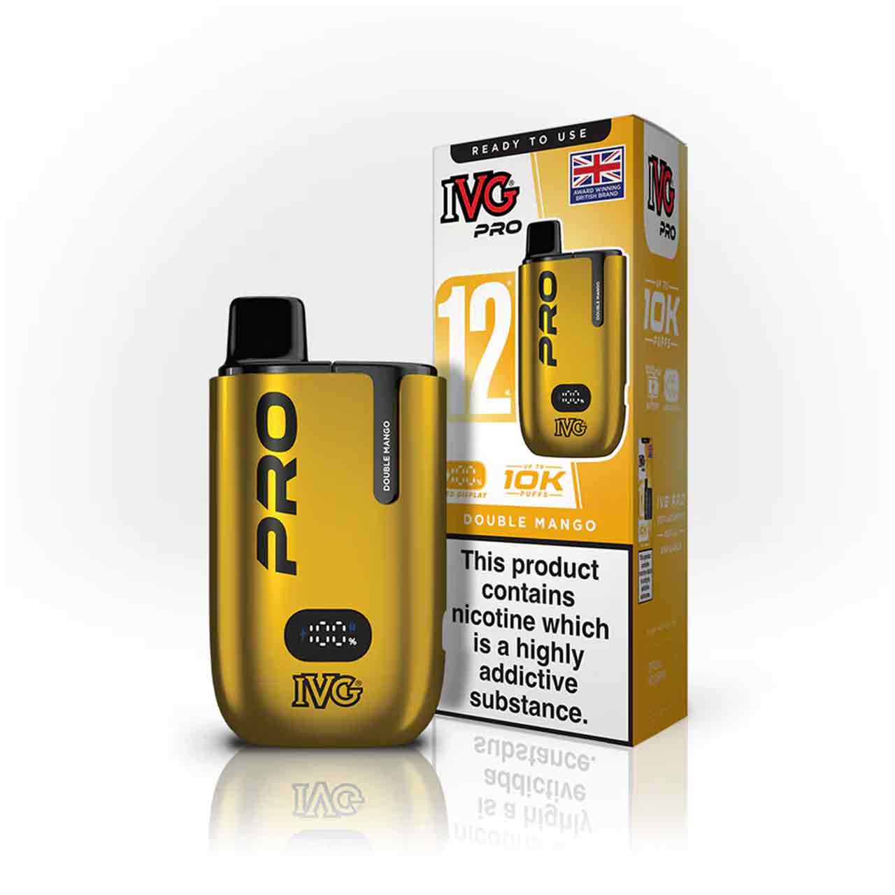 IVG Pro 12 double mango vaping device and packaging on a white background