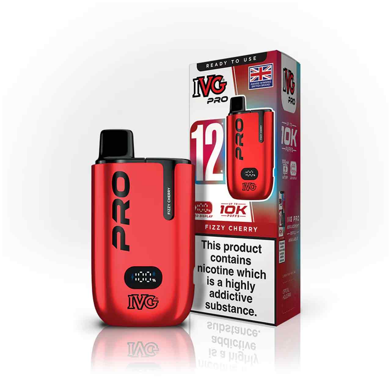 IVG Pro 12 fizzy cherry vaping device and packaging on a white background