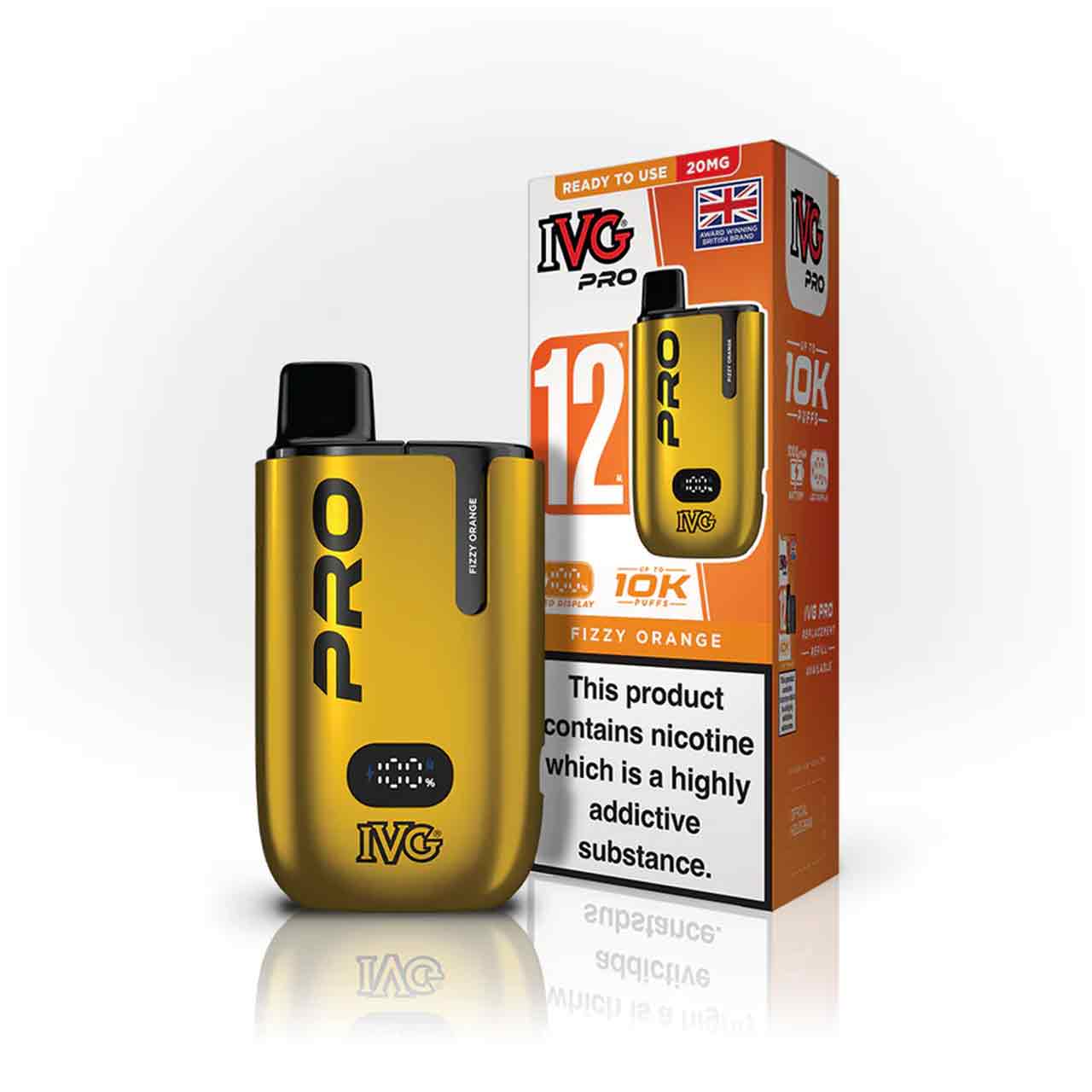 IVG Pro 12 fizzy orange vaping device and packaging on a white background
