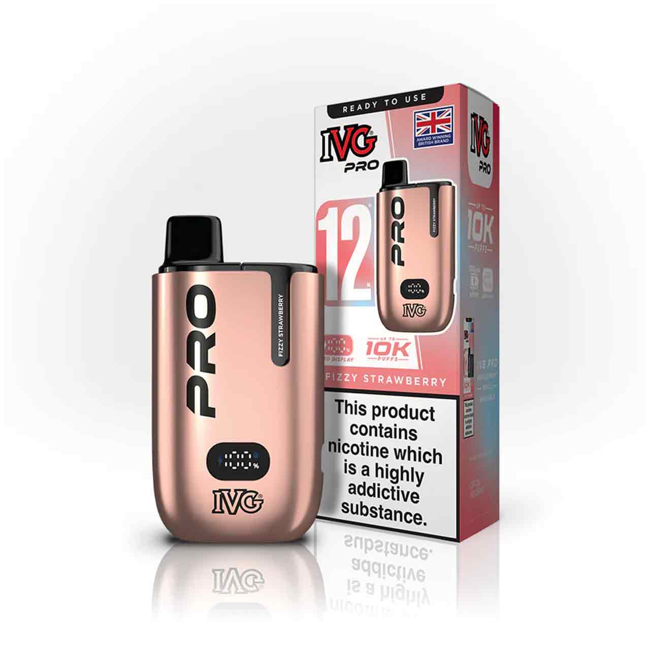 IVG Pro 12 fizzy strawberry vaping device and packaging on a white background