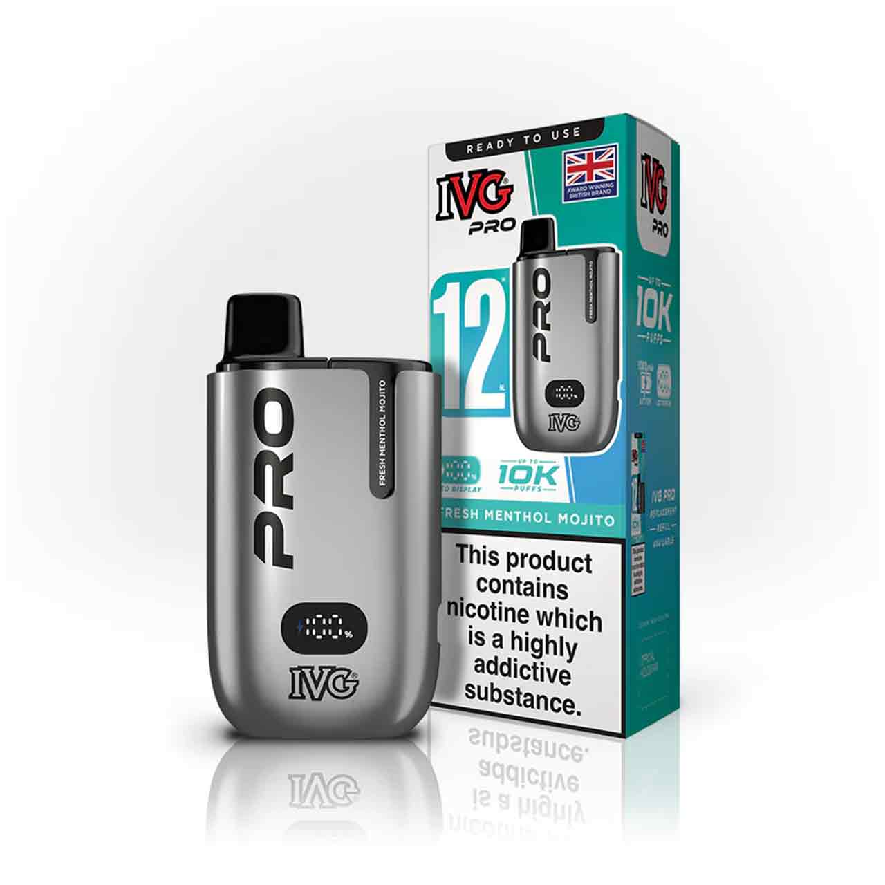IVG Pro 12 fresh menthol mojito vaping device and packaging on a white background