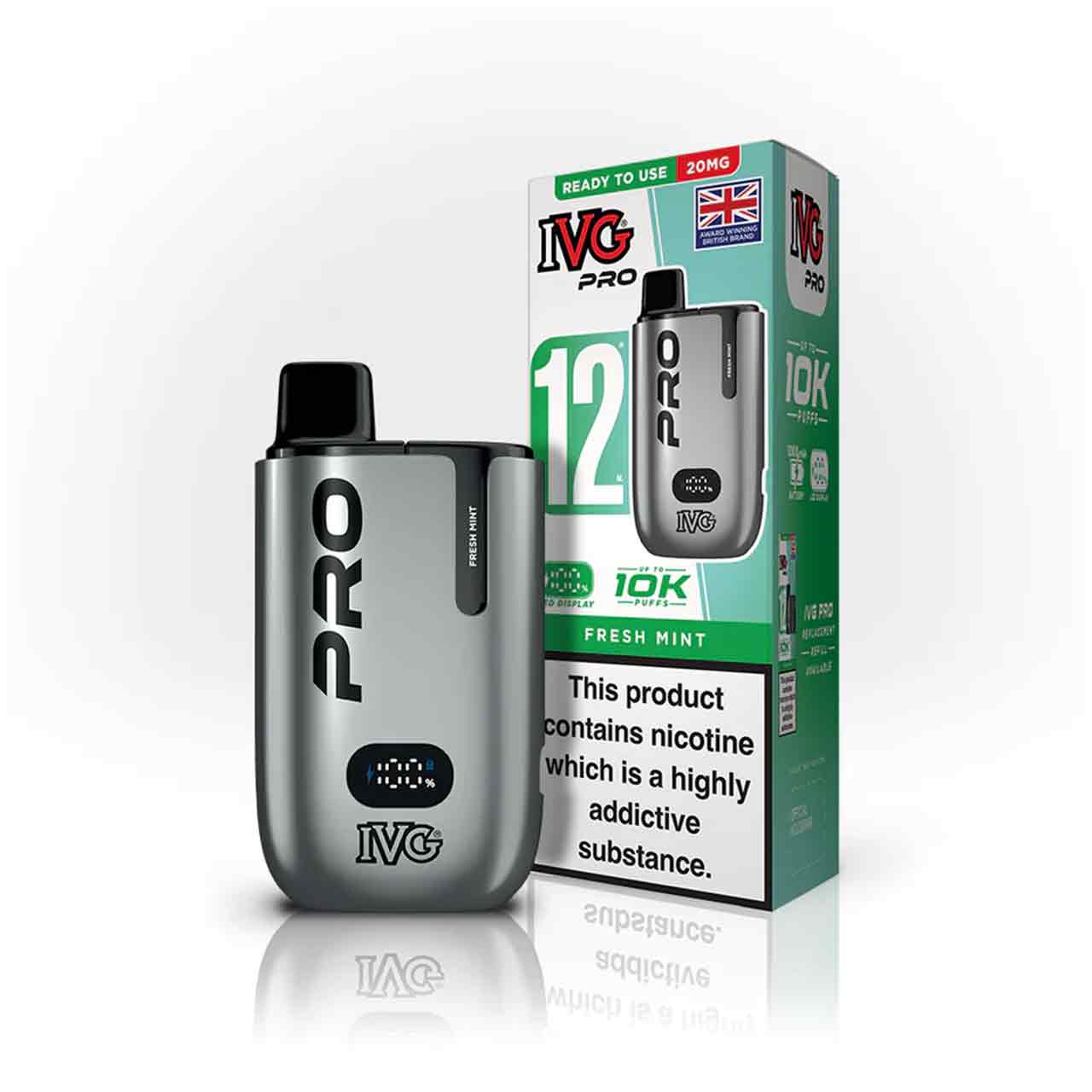 IVG Pro 12 fresh mint vaping device and packaging on a white background