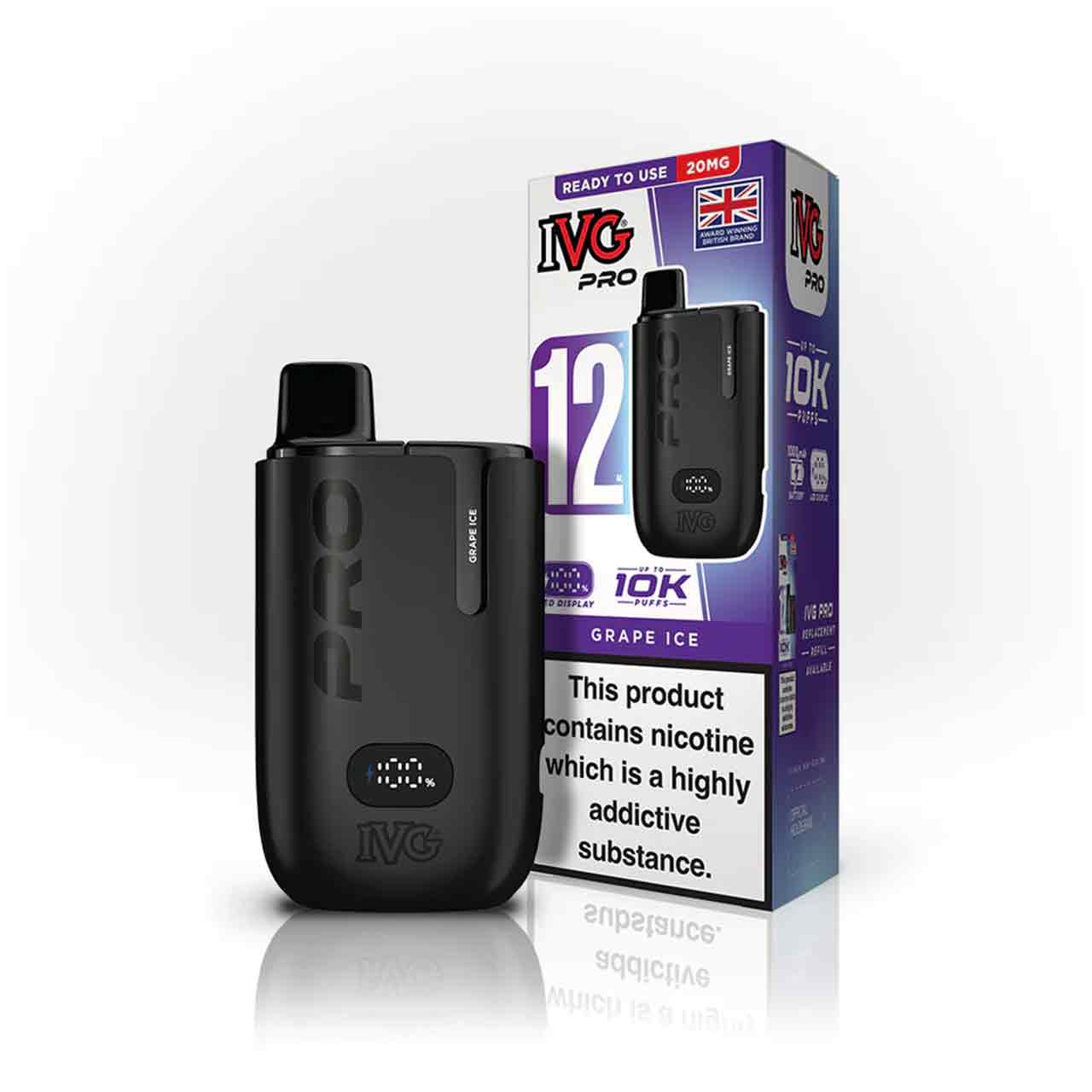 IVG Pro 12 grape ice vaping device and packaging on a white background