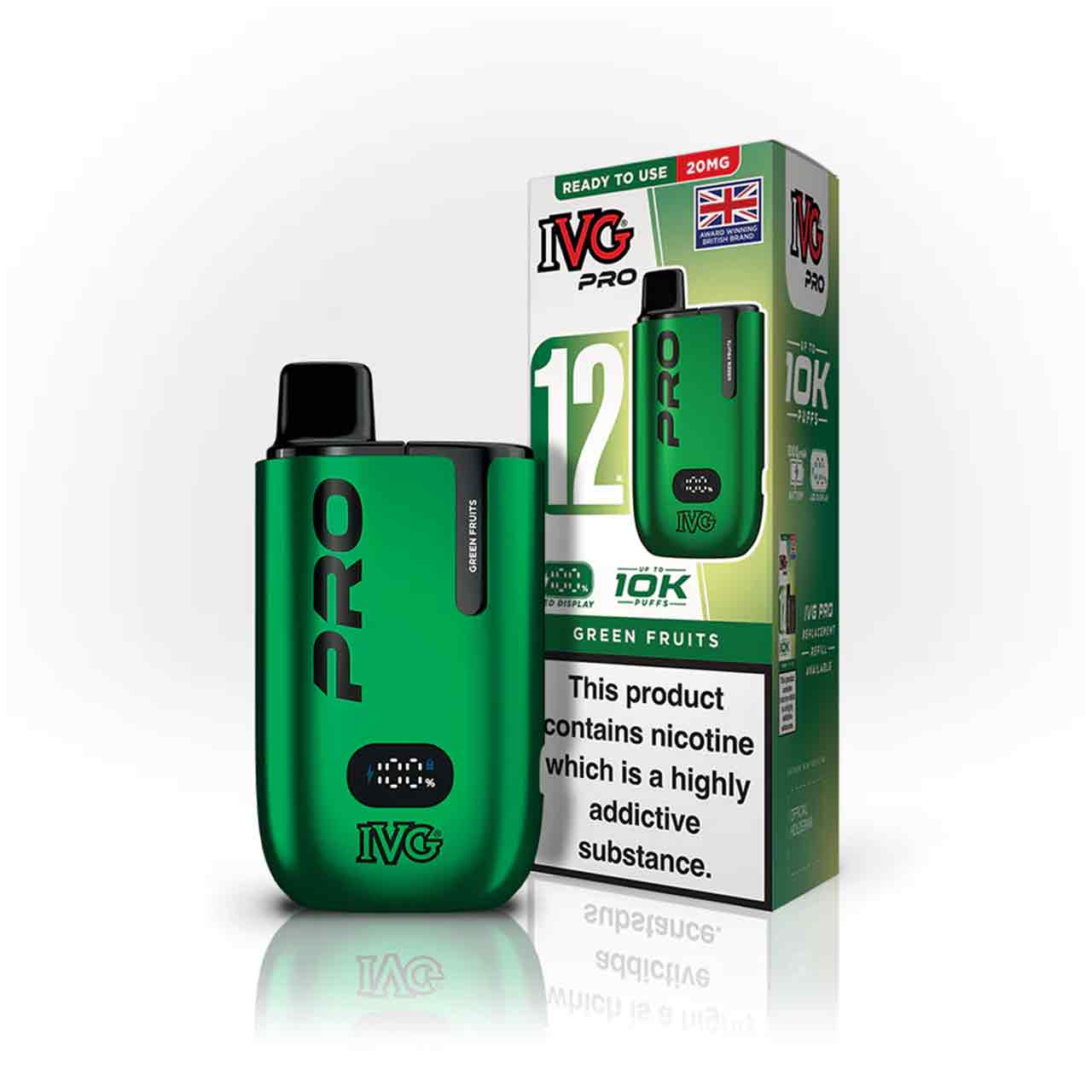 IVG Pro 12 green fruits vaping device and packaging on a white background