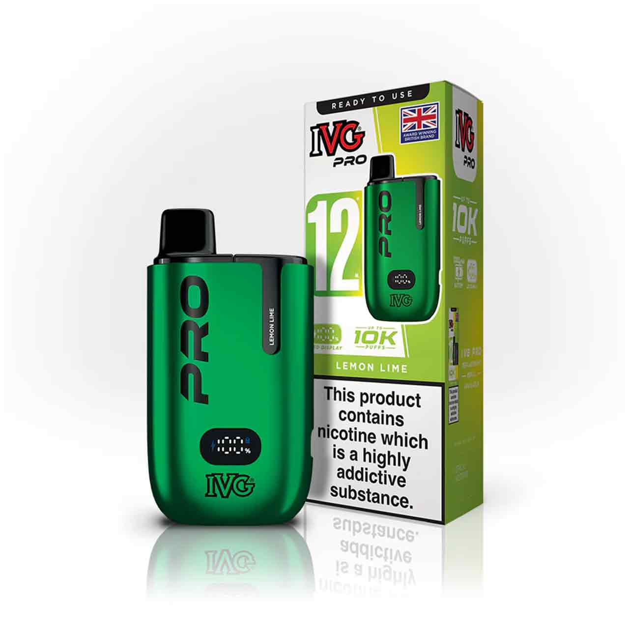IVG Pro 12 lemon lime vaping device and packaging on a white background