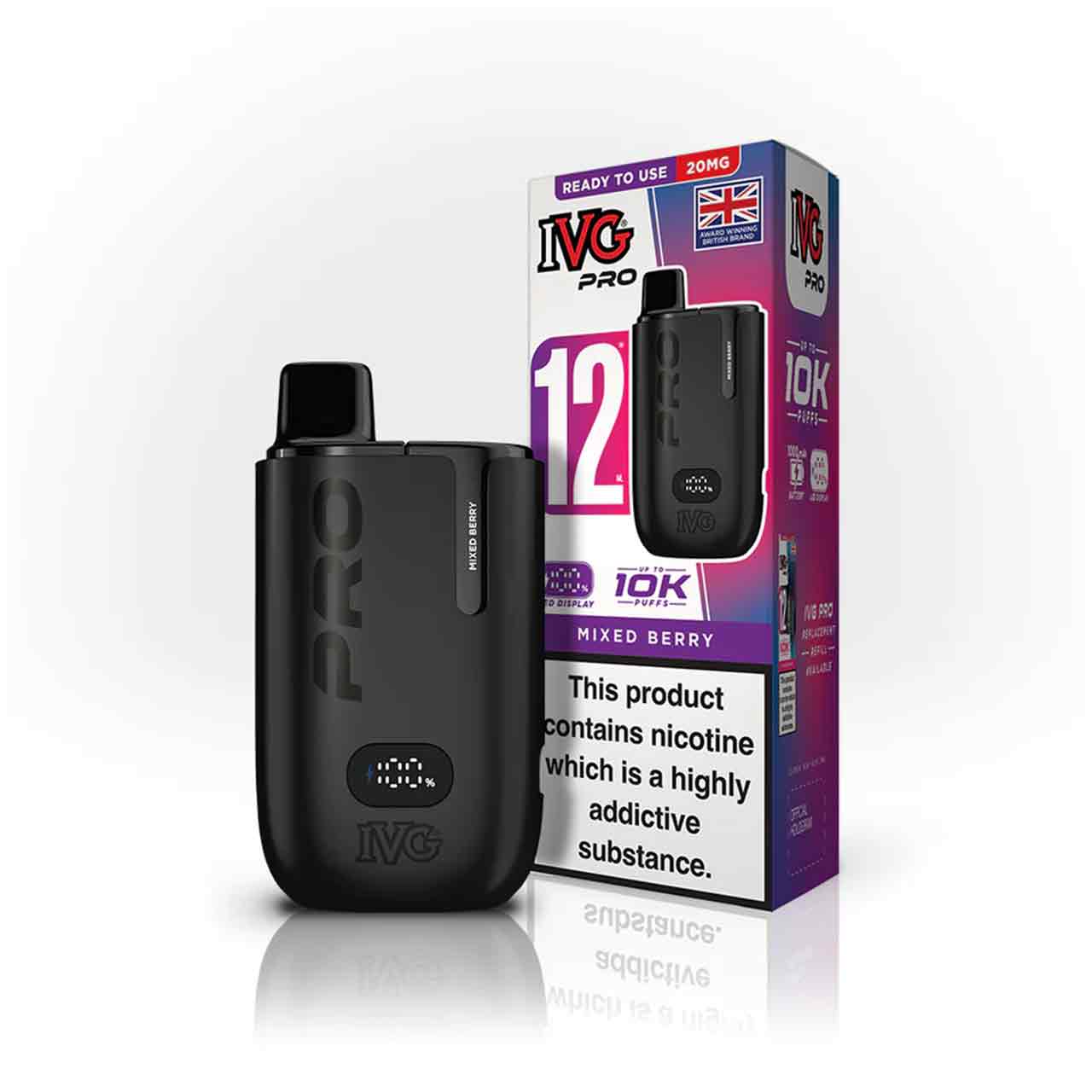 IVG Pro 12 mixed berry vaping device and packaging on a white background