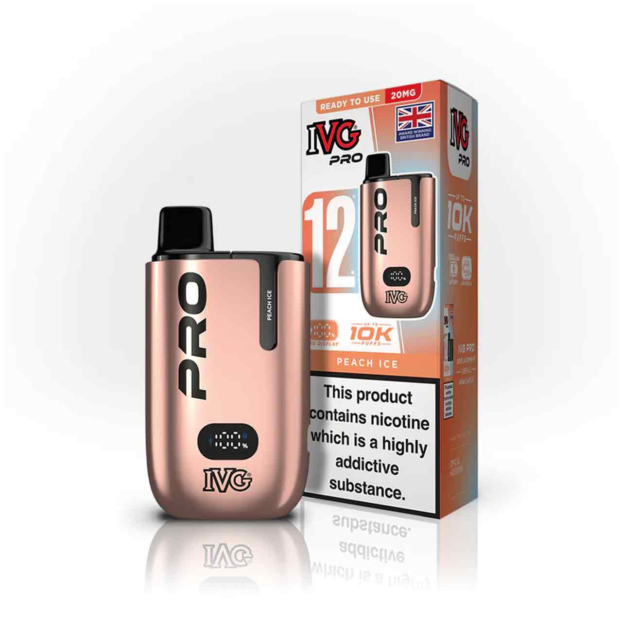 IVG Pro 12 peach ice vaping device and packaging on a white background