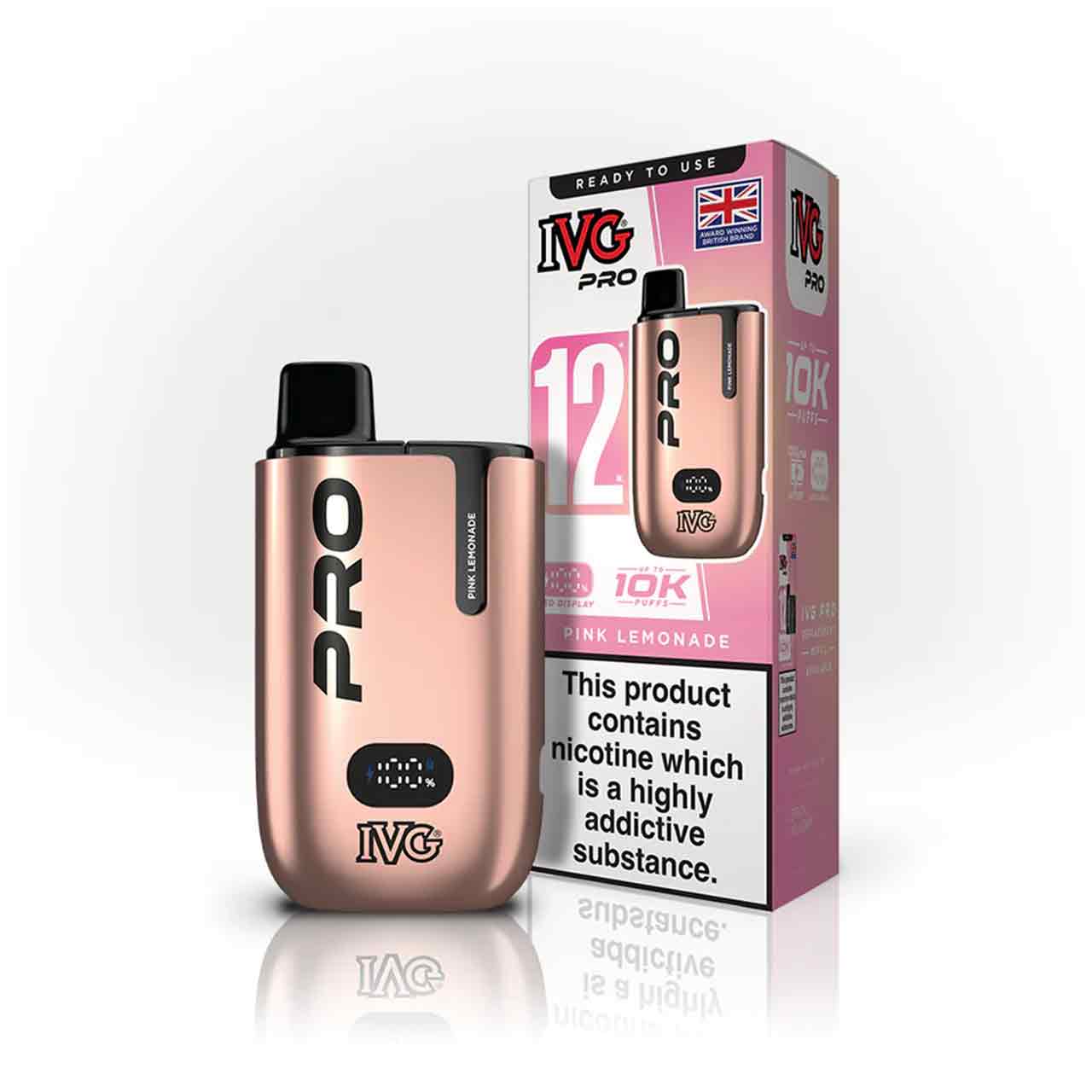 IVG Pro 12 pink lemonade vaping device and packaging on a white background