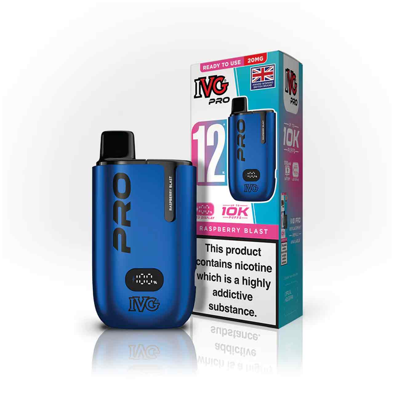 IVG Pro 12 raspberry blast vaping device and packaging on a white background
