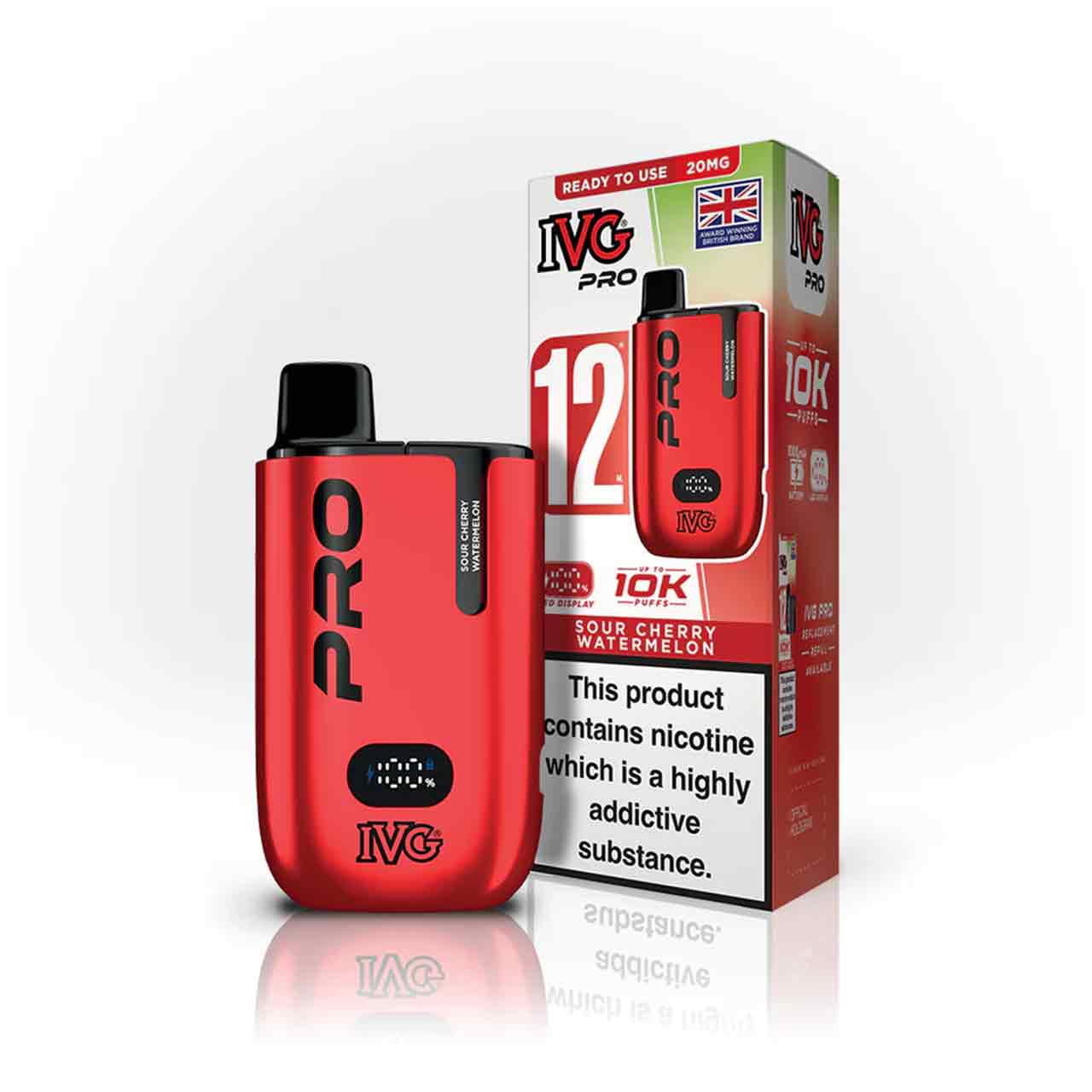 IVG Pro 12 sour cherry watermelon vaping device and packaging on a white background