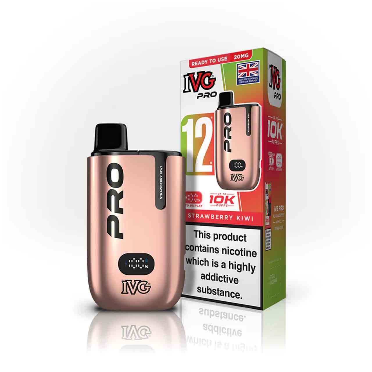 IVG Pro 12 strawberry kiwi vaping device and packaging on a white background