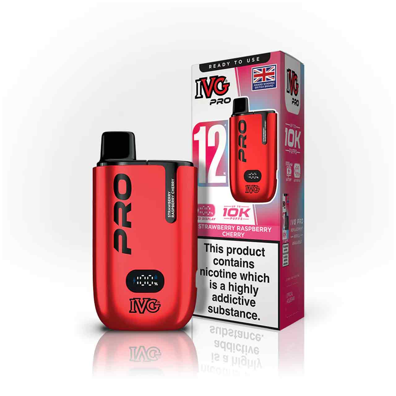 IVG Pro 12 strawberry raspberry cherry vaping device and packaging on a white background