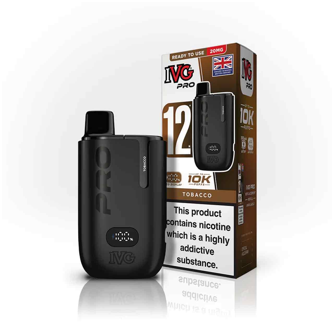 IVG Pro 12 tobacco vaping device and packaging on a white background