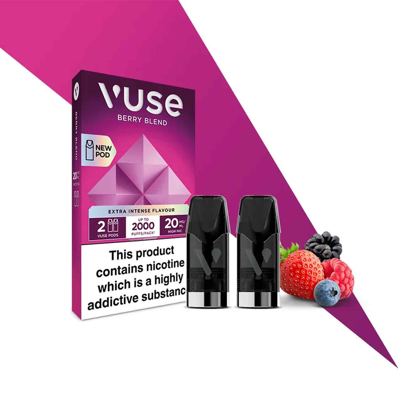 Vuse Extra Intense berry blend pods and packaging decorative background