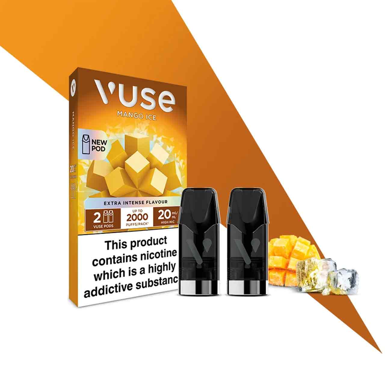 Vuse Extra Intense mango ice pods and packaging decorative background