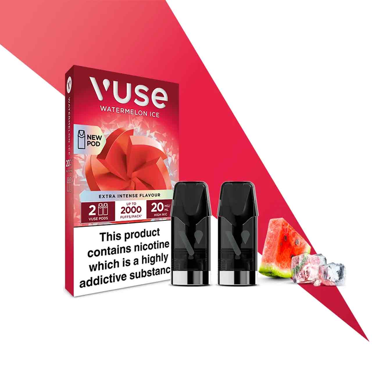 Vuse Extra Intense watermelon ice pods and packaging decorative background