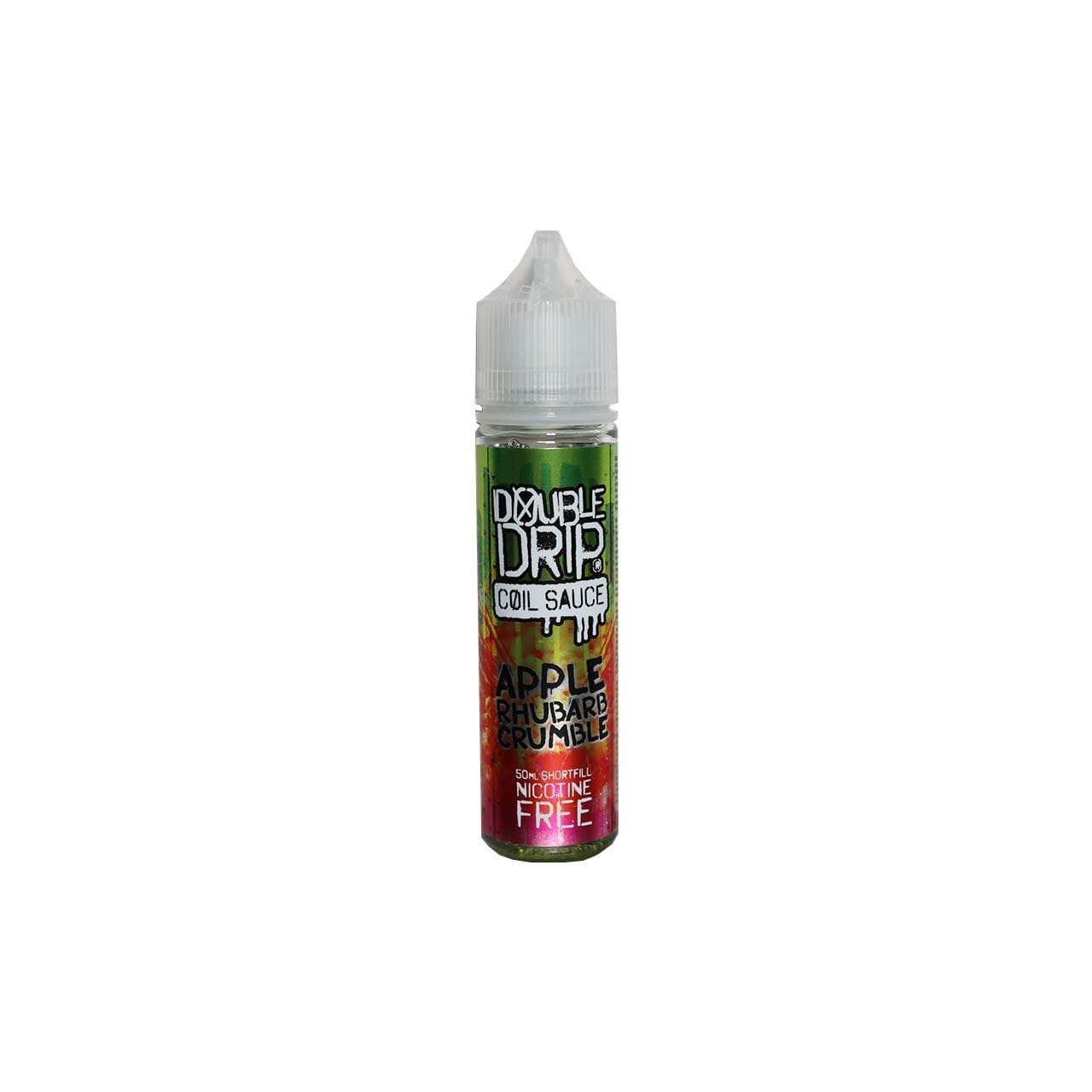 Bottle of Double Drip Apple Rhubarb Crumble vape juice on a white background
