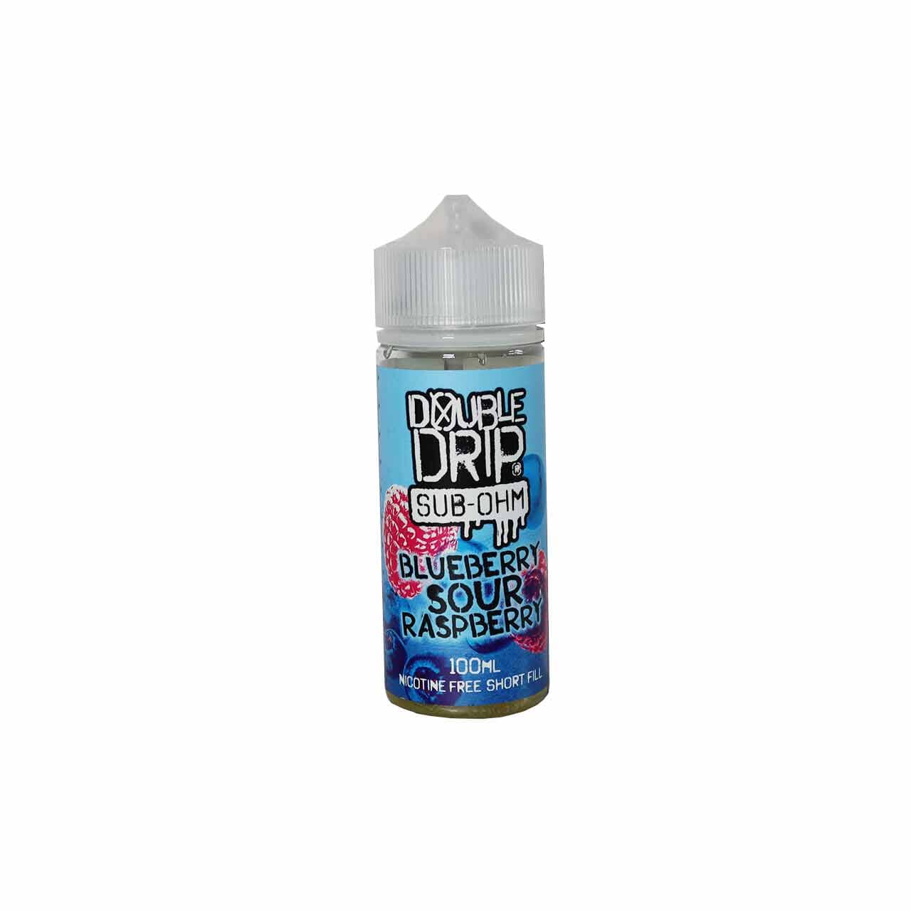 Bottle of Double Drip Blueberry Sour Raspberry vape juice on a white background