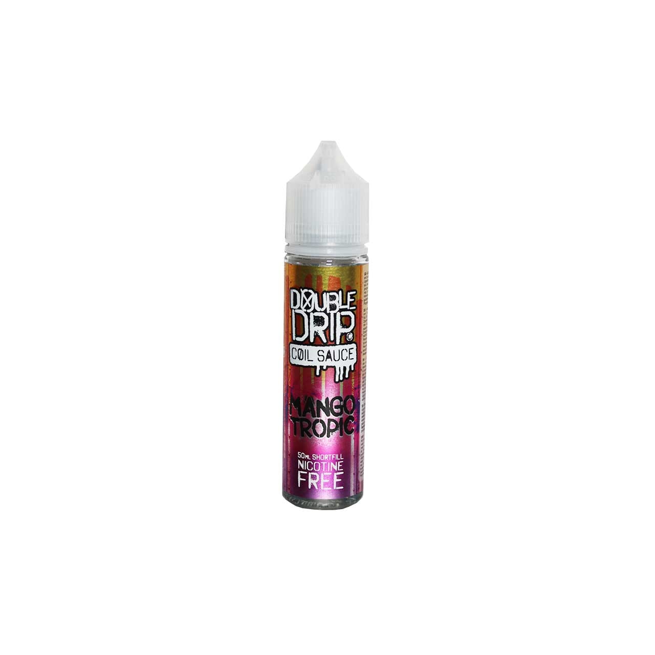Bottle of Double Drip Mango Tropic vape juice on a white background