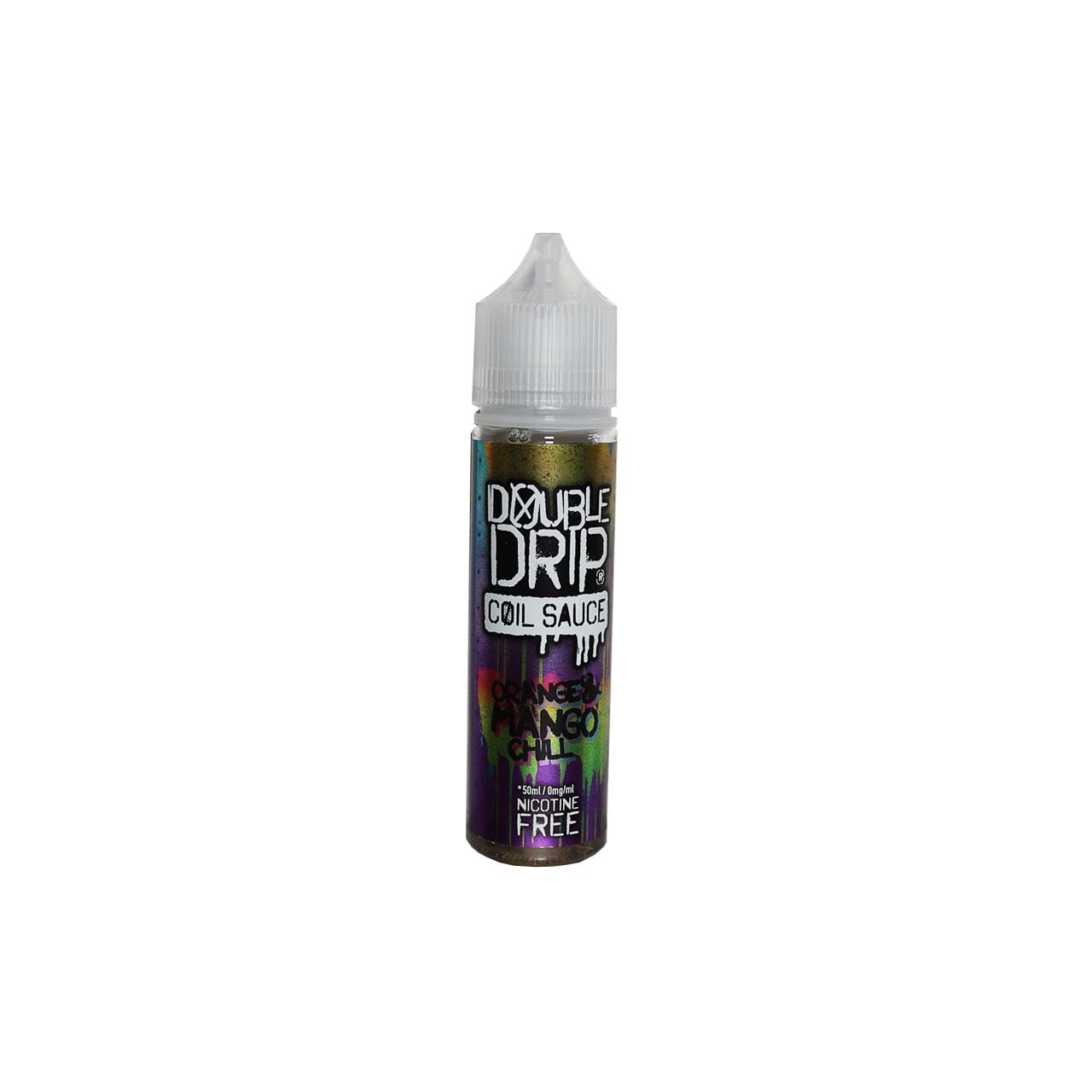 Bottle of Double Drip Orange and Mango Chill vape juice on a white background