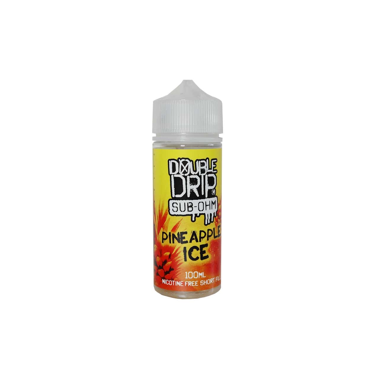 Bottle of Double Drip Pineapple Ice vape juice on a white background