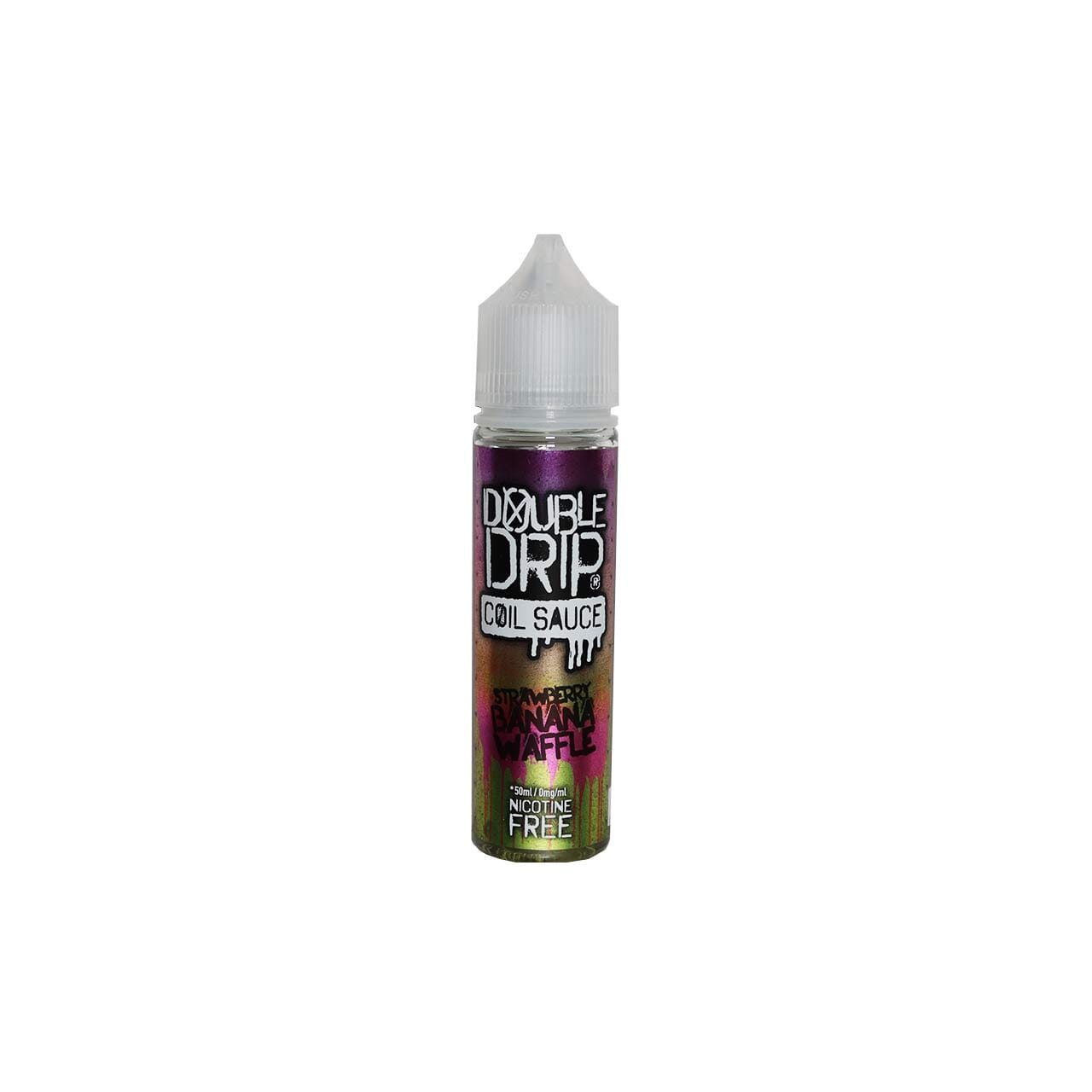 Bottle of Double Drip Strawberry Banana Waffle vape juice on a white background