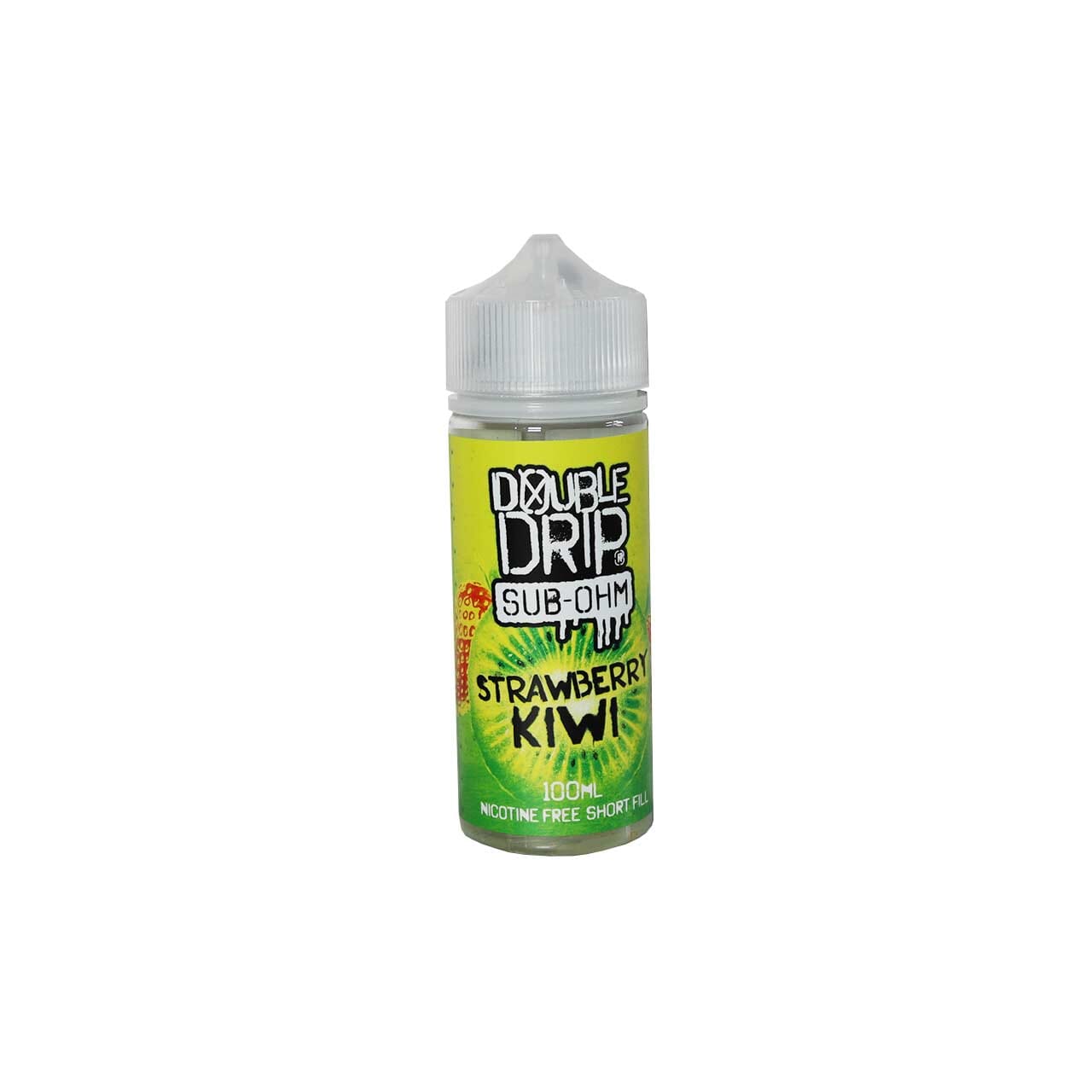 Bottle of Double Drip Strawberry Kiwi vape juice on a white background