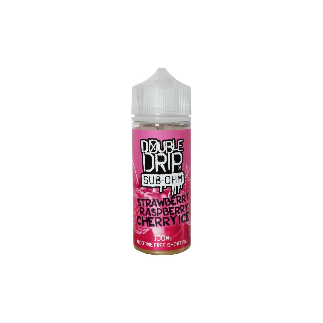 Bottle of Double Drip Strawberry Raspberry Cherry Ice vape juice on a white background