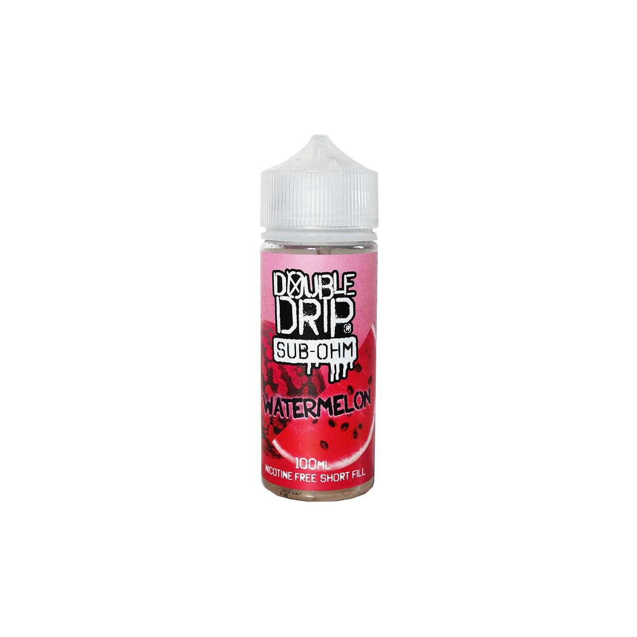 Bottle of Double Drip Watermelon vape juice on a white background