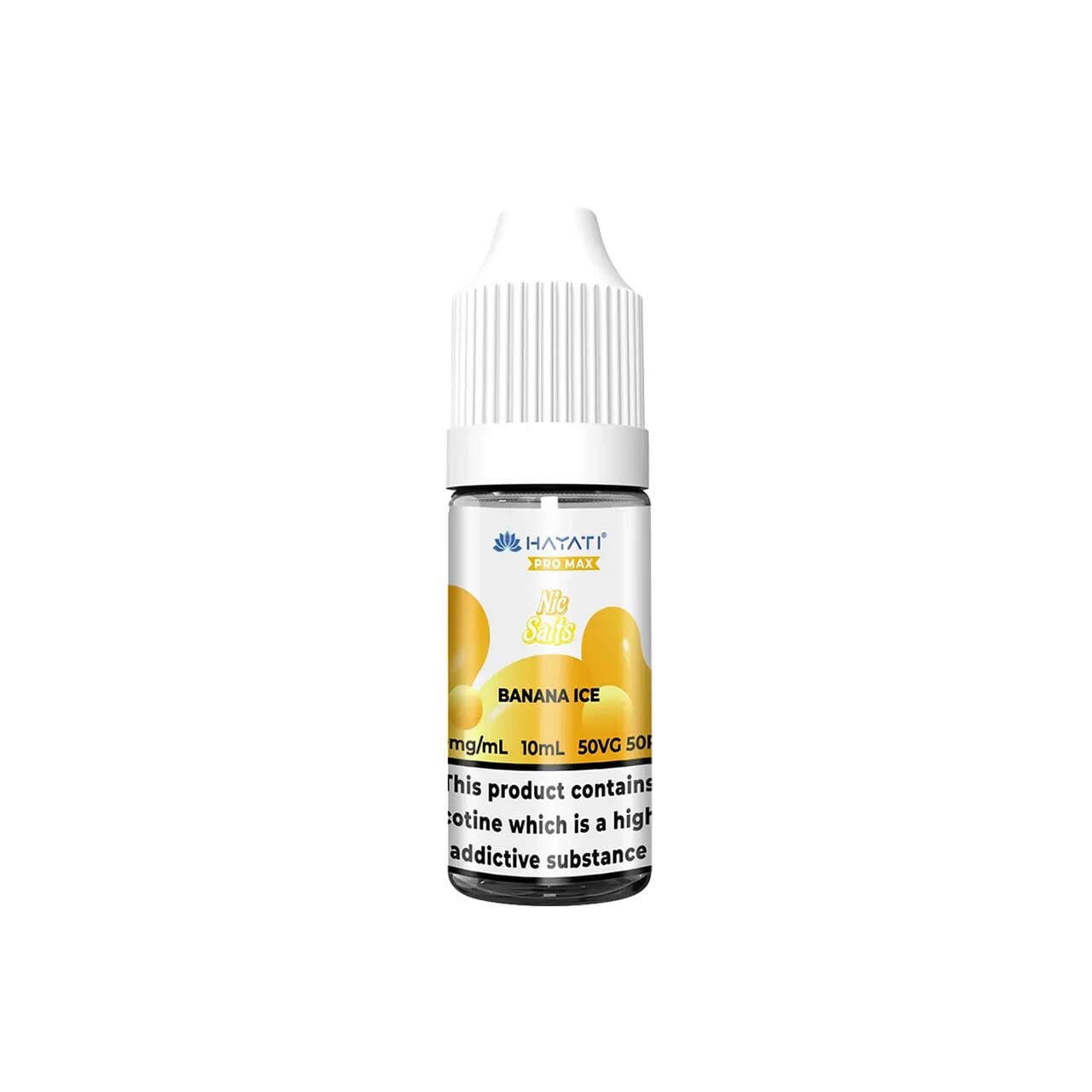 Hayati Pro Max vape juice bottle with banana ice flavour on a white background