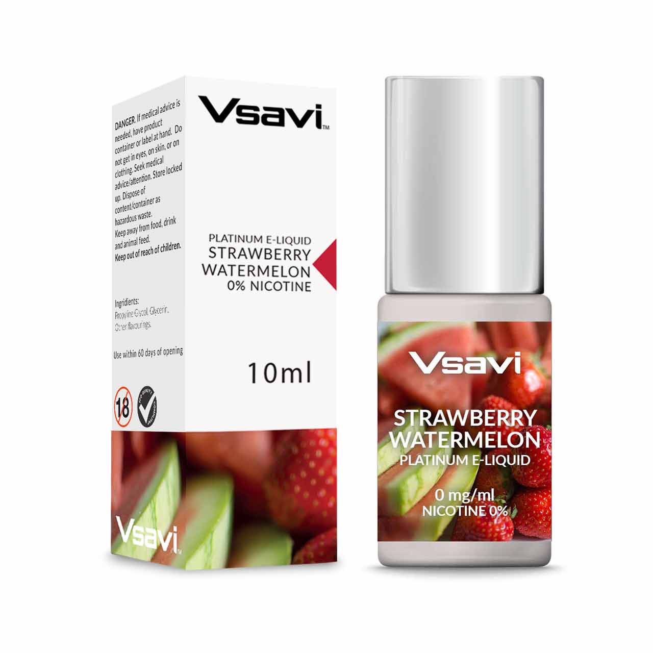 Vsavi strawberry watermelon e-liquid bottle and packaging on a white background