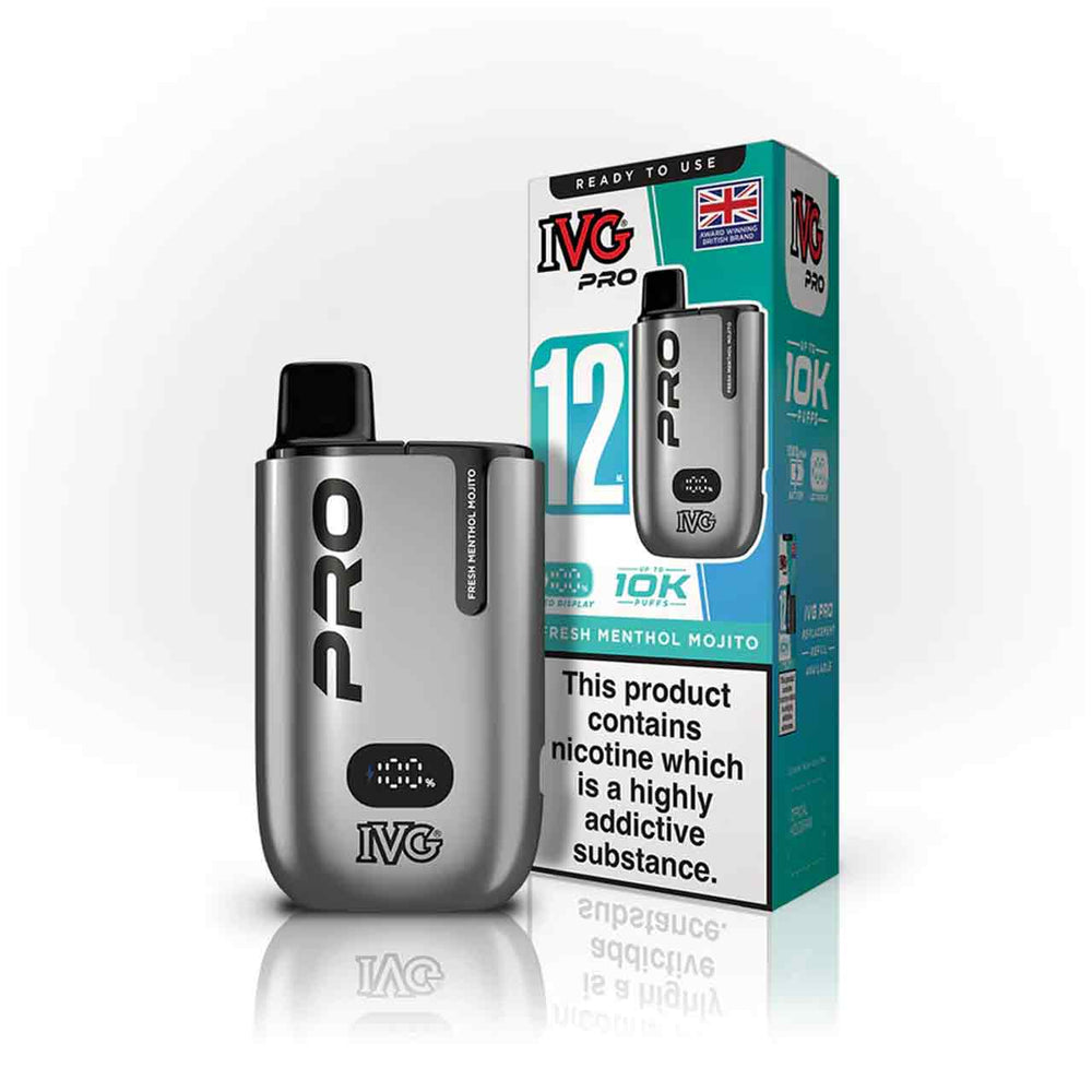 
                  
                    IVG Pro 12 fresh menthol mojito vaping device and packaging on a white background
                  
                