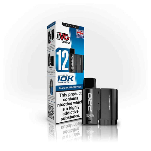 IVG Pro 12 blue raspberry ice refill pod and packaging on a white background