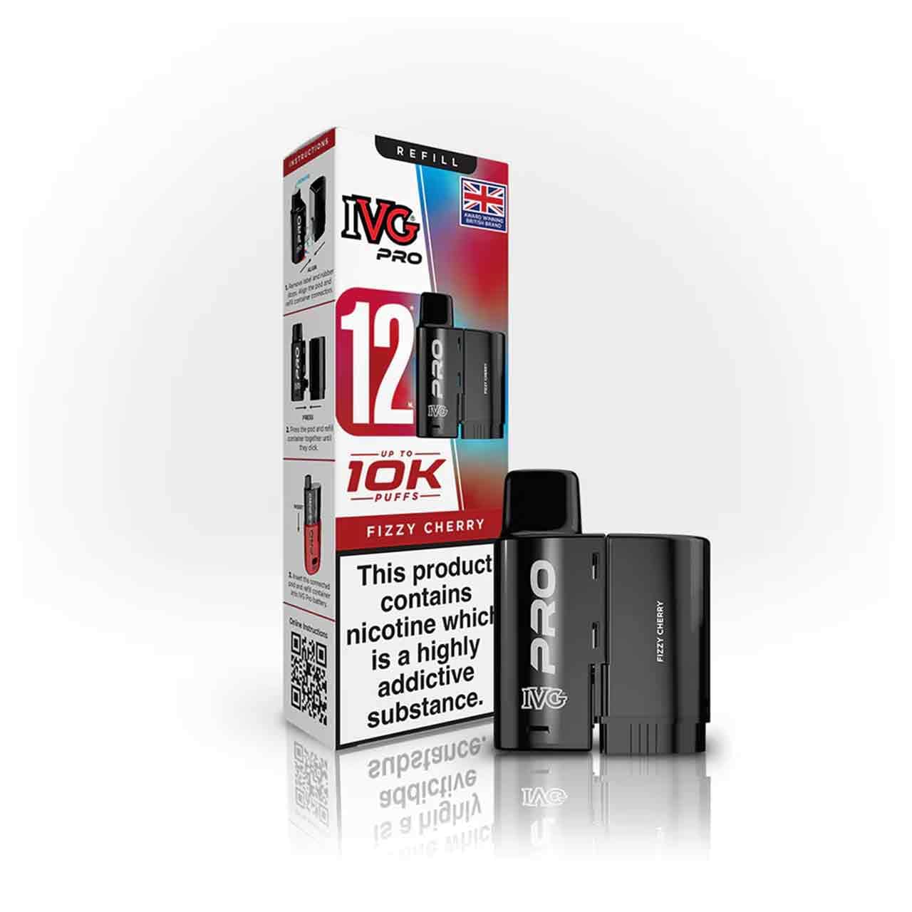 
                  
                    IVG Pro 12 fizzy cherry refill pod and packaging on a white background
                  
                