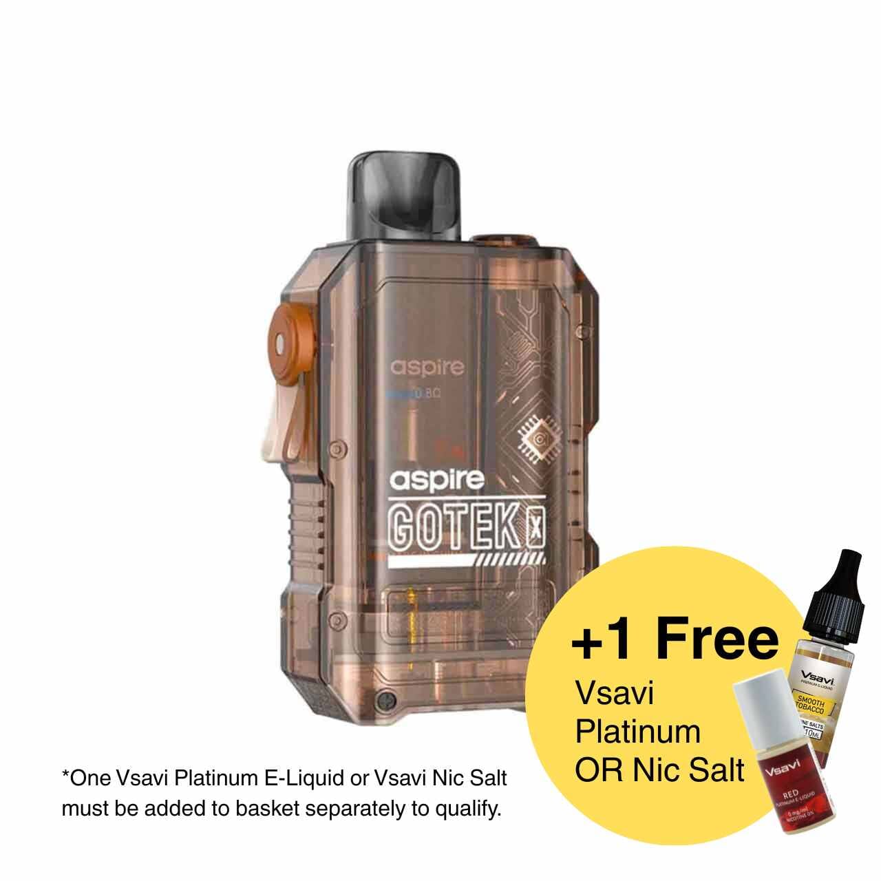 Aspire Gotek X vaping device with a promotional offer for VSAVI e-liquid on a white background