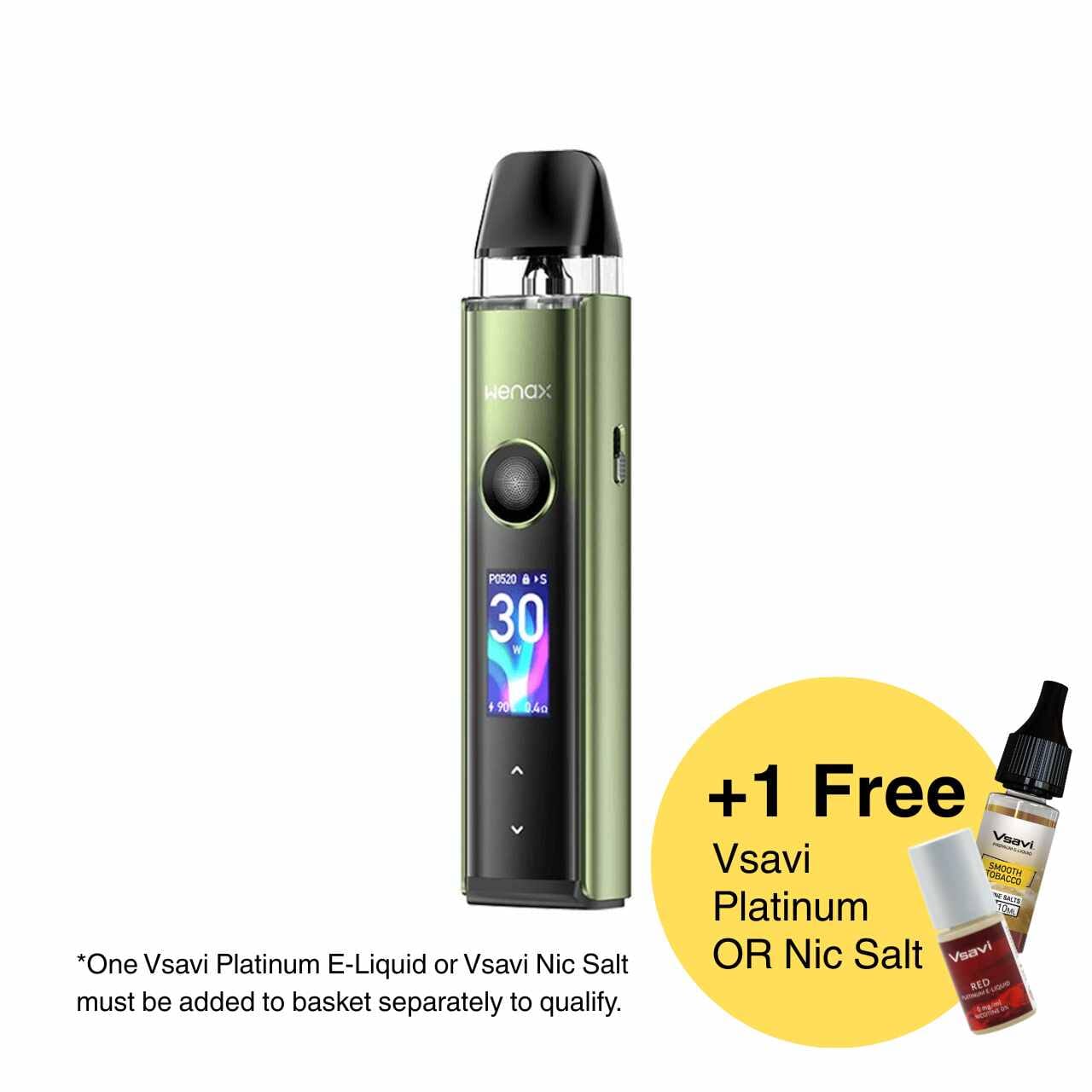 Geekvape Wenax Q Pro with a free Vsavi e-liquid offer on a white background