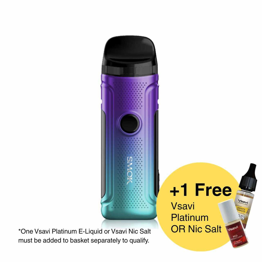 Smok Nord C with gradient purple to blue color and 'Vsavi' e-liquid offer on a white background.