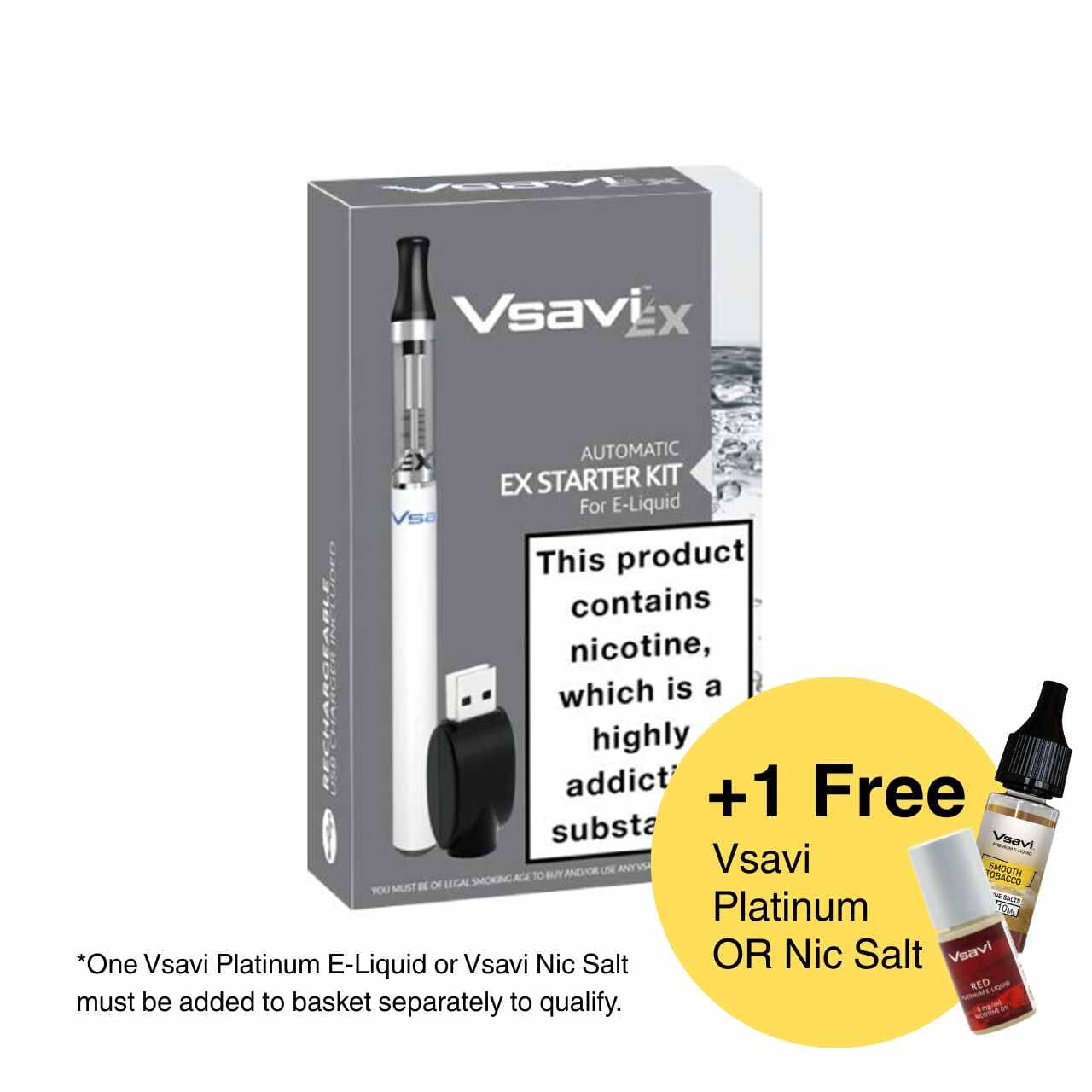 Vsavi EX starter kit packaging with nicotine warning label and free product offer.