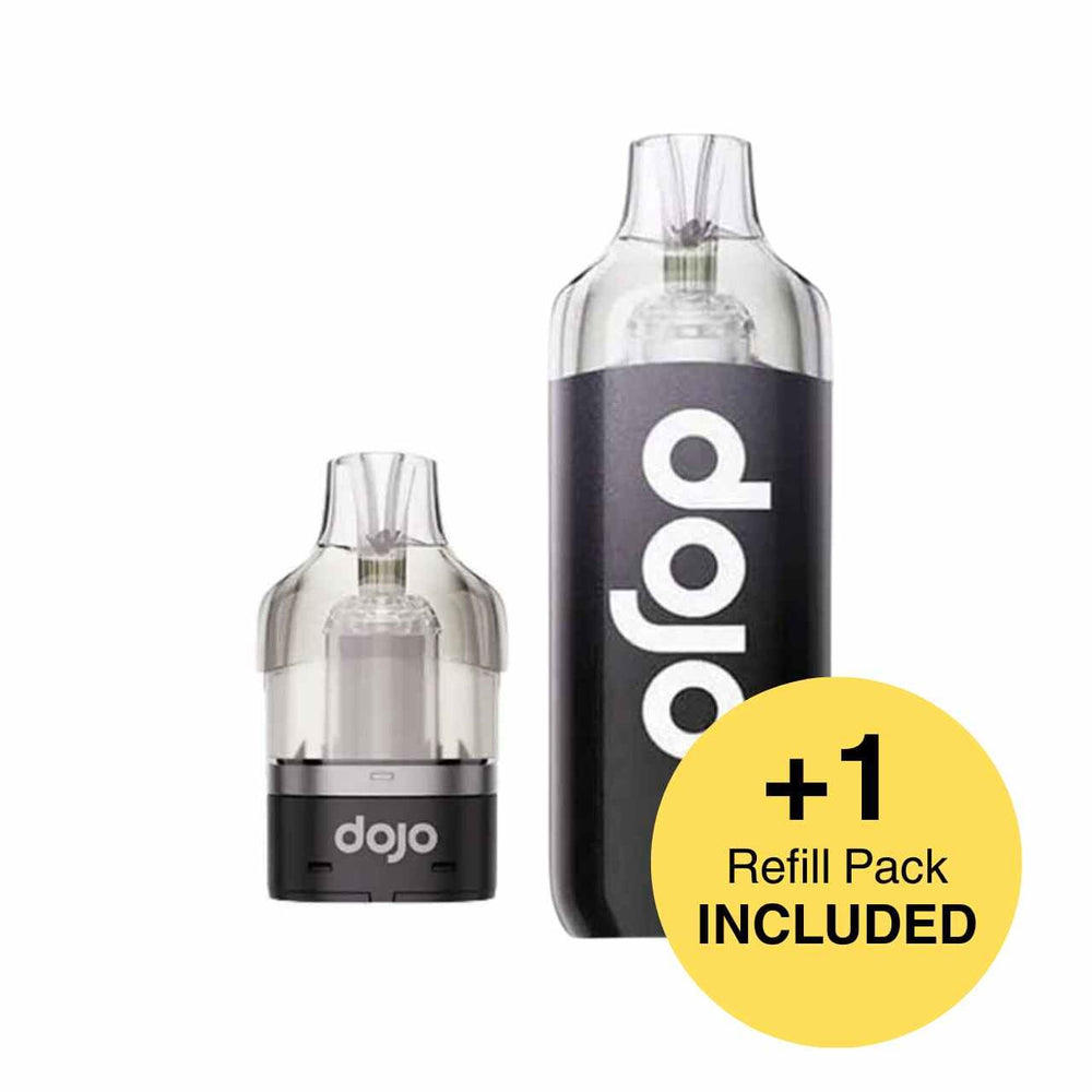Two vaping devices with 'dojo' branding and a yellow circle indicating an included refill pack on a white background.