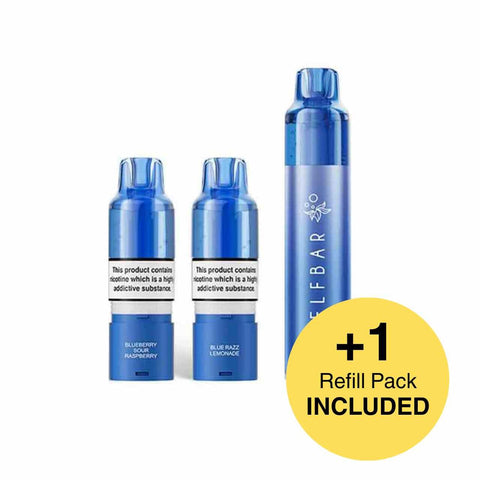 Three blue vape devices with a yellow circle indicating an included refill pack on a white background