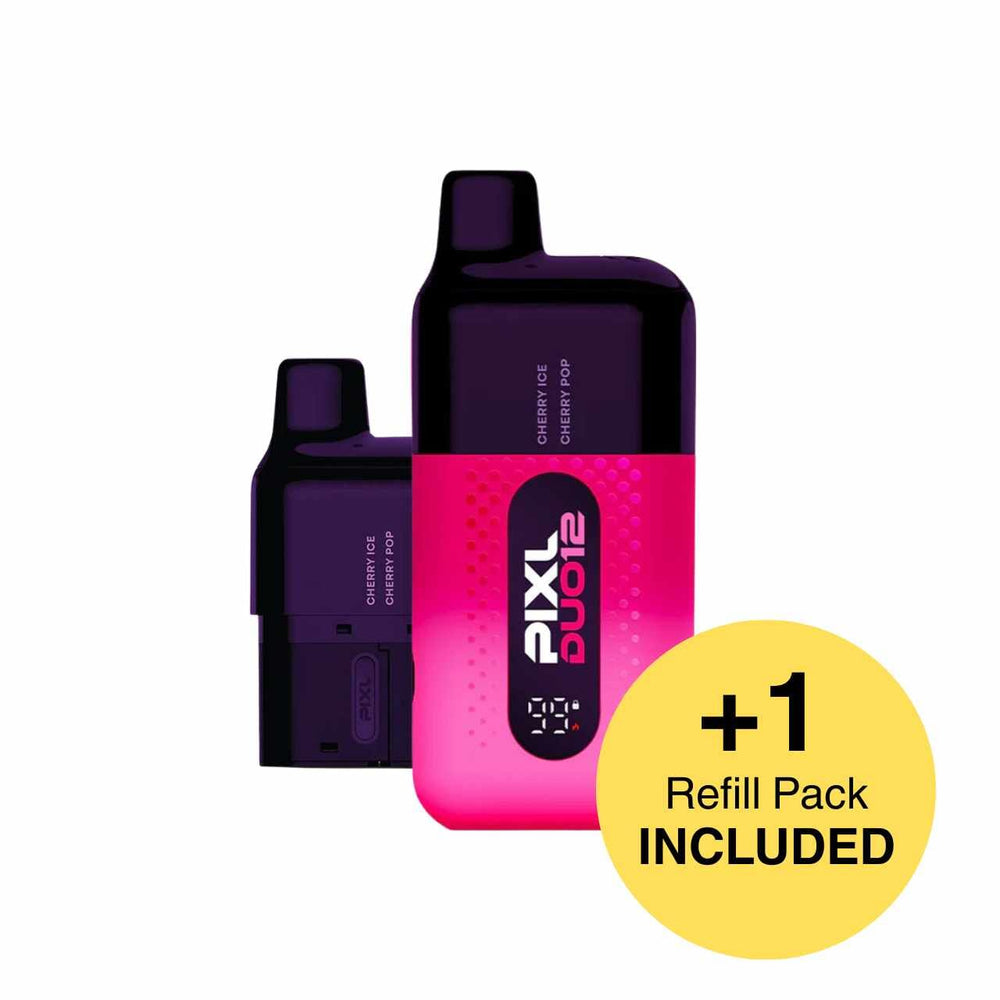 
                  
                    Pink and black vaping device with 'PIXL' branding and a yellow circle indicating an included refill pack on a white background.
                  
                