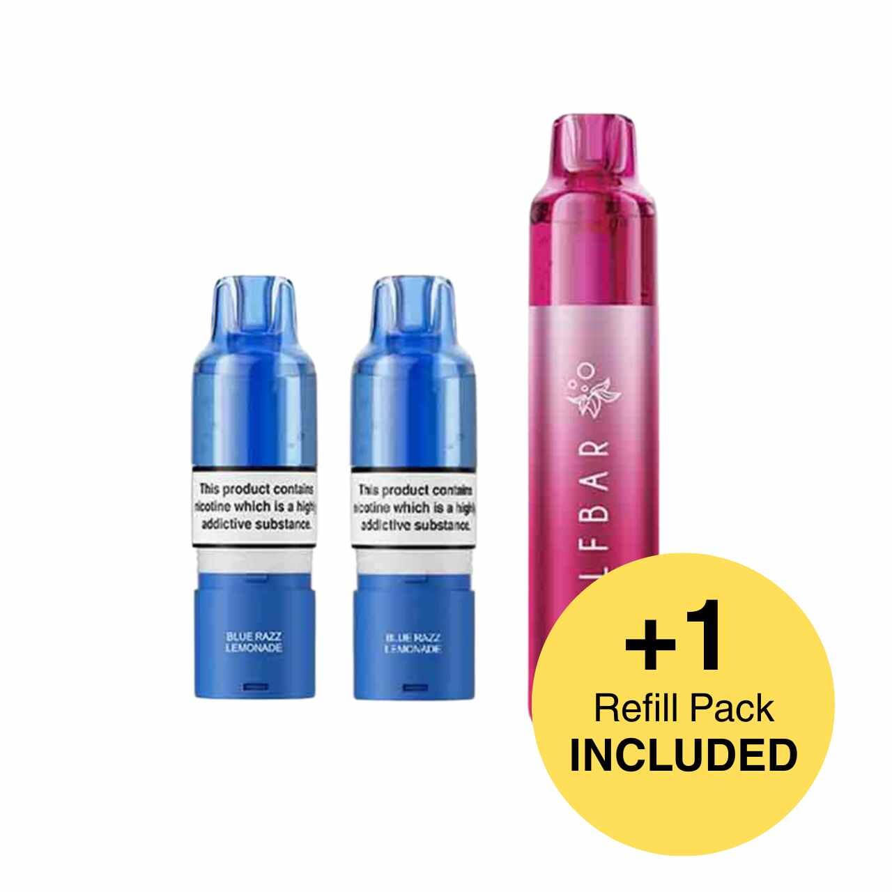 
                  
                    Vape device with blue and pink refills and a yellow circle indicating an included refill pack on a white background.
                  
                
