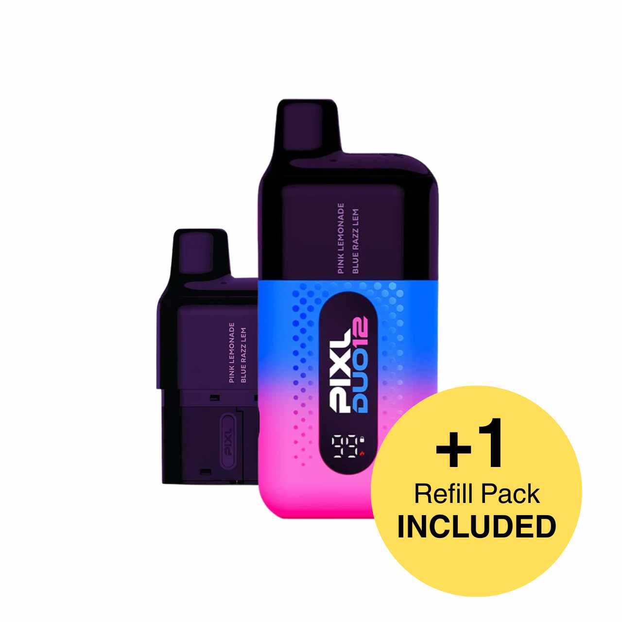 
                  
                    Vaping device with gradient design and 'PIXL DUO12' branding, featuring a yellow circle with text '+1 Refill Pack Included'.
                  
                