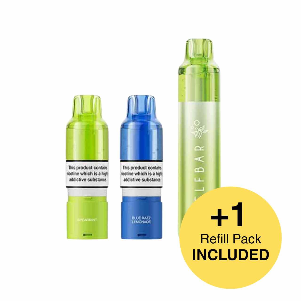 
                  
                    Three vape devices with labels on a white background, including a yellow circle with text.
                  
                